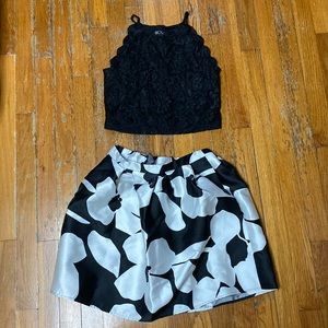 black halter top and black and white flower print skirt set